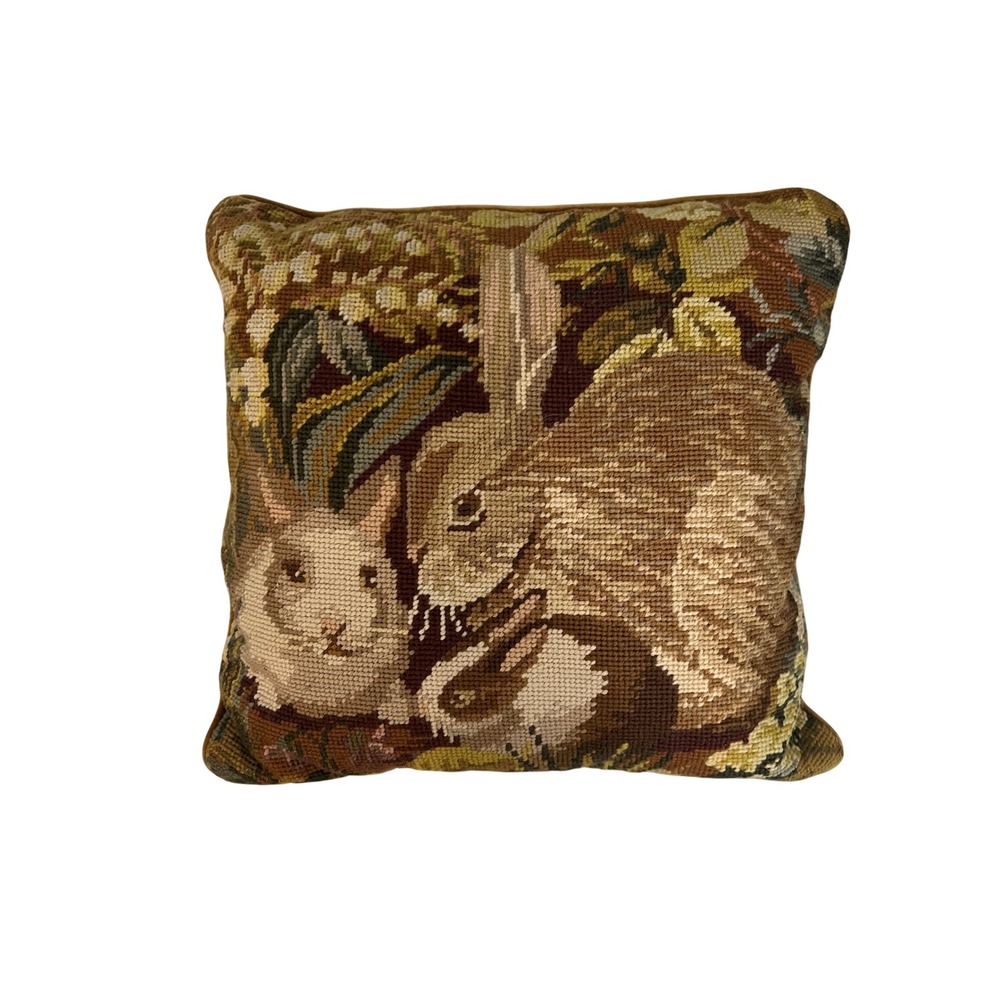 Ehrman Kaffe Fassett Rabbits Needlepoint Tapestry Pillow Velvet Back 16x16 Brown
